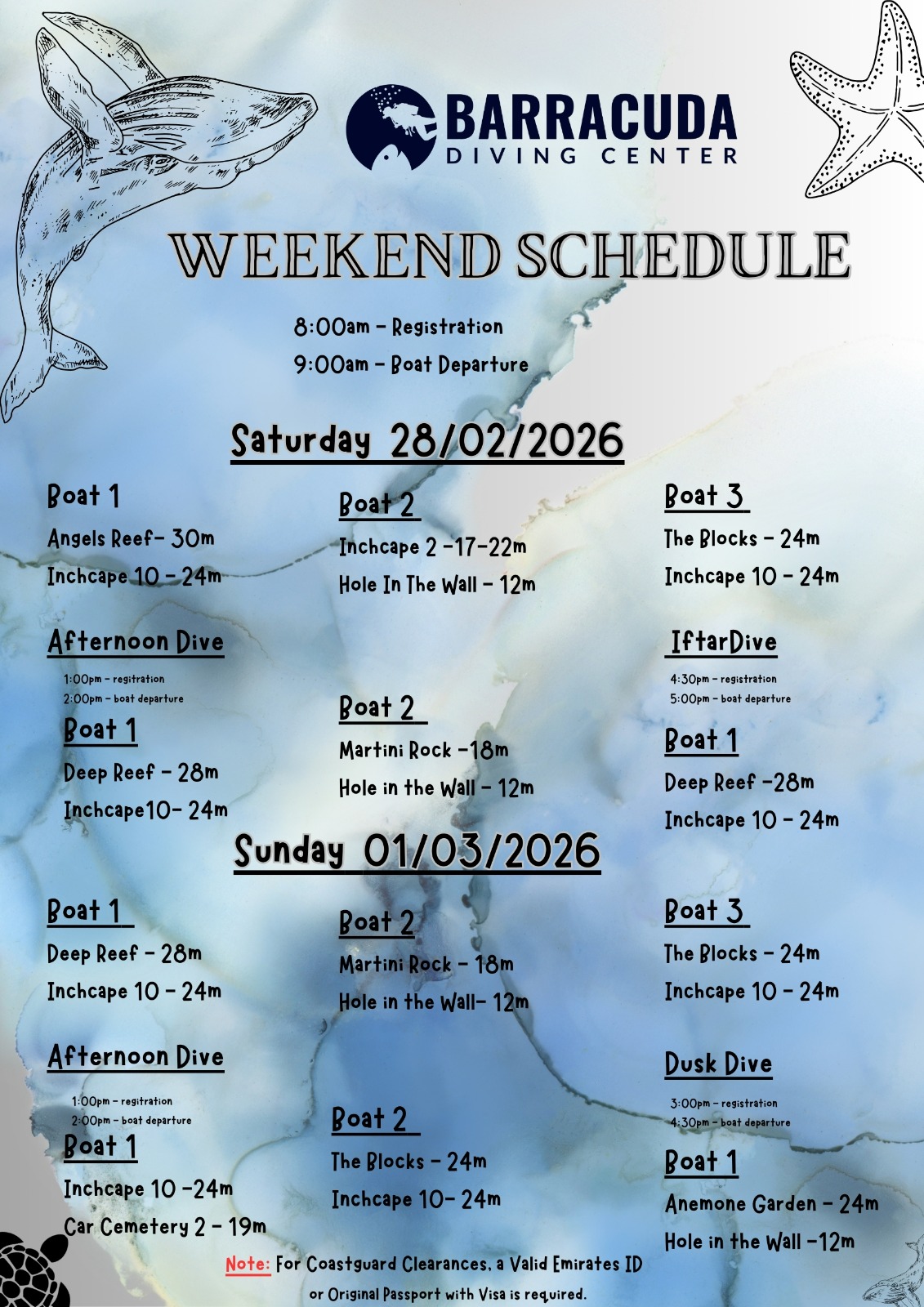 Weekly Diving Schedule